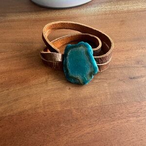 STUNNING Brown Leather Bracelet with Blue Stone Accent